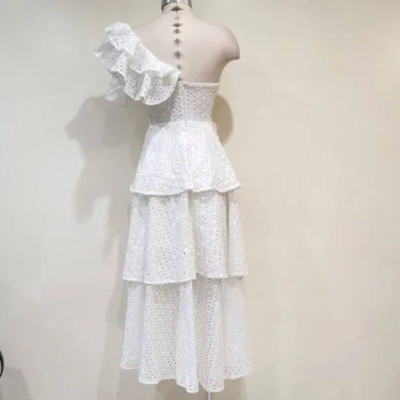 💋UBER GORGE!💋White Floral Crochet One Shoulder Ruffled Asymmetrical Dress - Picture 14 of 16